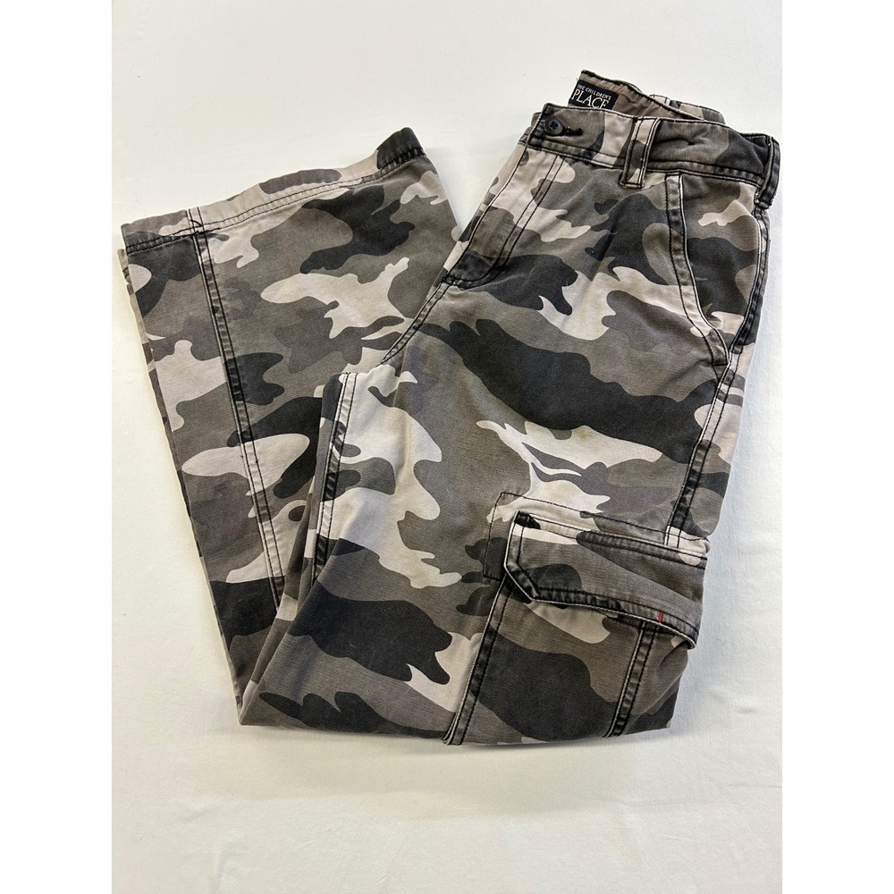 Y2K The Childrens Place Grey Camo Cargo Pants Size 12 Adjustable Waist